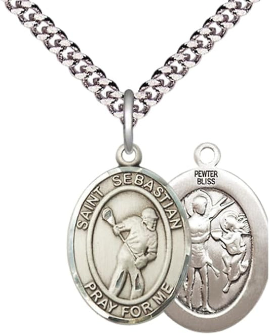Medium Men's Pewter Saint St.Sebastian Lacrosse Medal Pendant on 24 Inch Endless Rhodium Plated Heavy Curb Brass Chain, Catholic Religious Necklace -Made in USA- Deluxe Velvet Gift Box