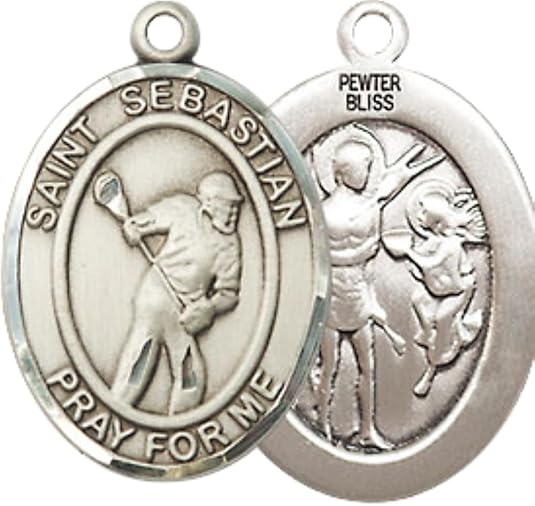 Medium Men's Pewter Saint St.Sebastian Lacrosse Medal Pendant on 24 Inch Endless Rhodium Plated Heavy Curb Brass Chain, Catholic Religious Necklace -Made in USA- Deluxe Velvet Gift Box