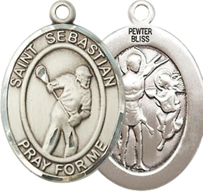 Medium Men's Pewter Saint St.Sebastian Lacrosse Medal Pendant on 24 Inch Endless Rhodium Plated Heavy Curb Brass Chain, Catholic Religious Necklace -Made in USA- Deluxe Velvet Gift Box