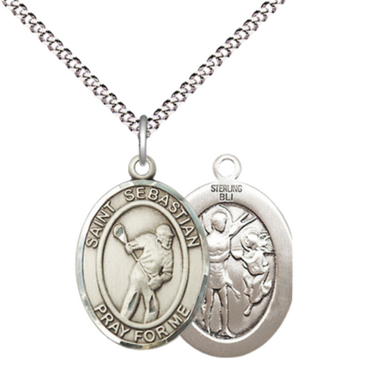 Everlasting Light Jewelry Medium Women's .925 Sterling Silver Saint St. Sebastian Lacrosse Pendant Necklace on 18- inch Rhodium- Plated Lite Curb Brass Chain, Catholic Medal – Velvet Gift Box Included