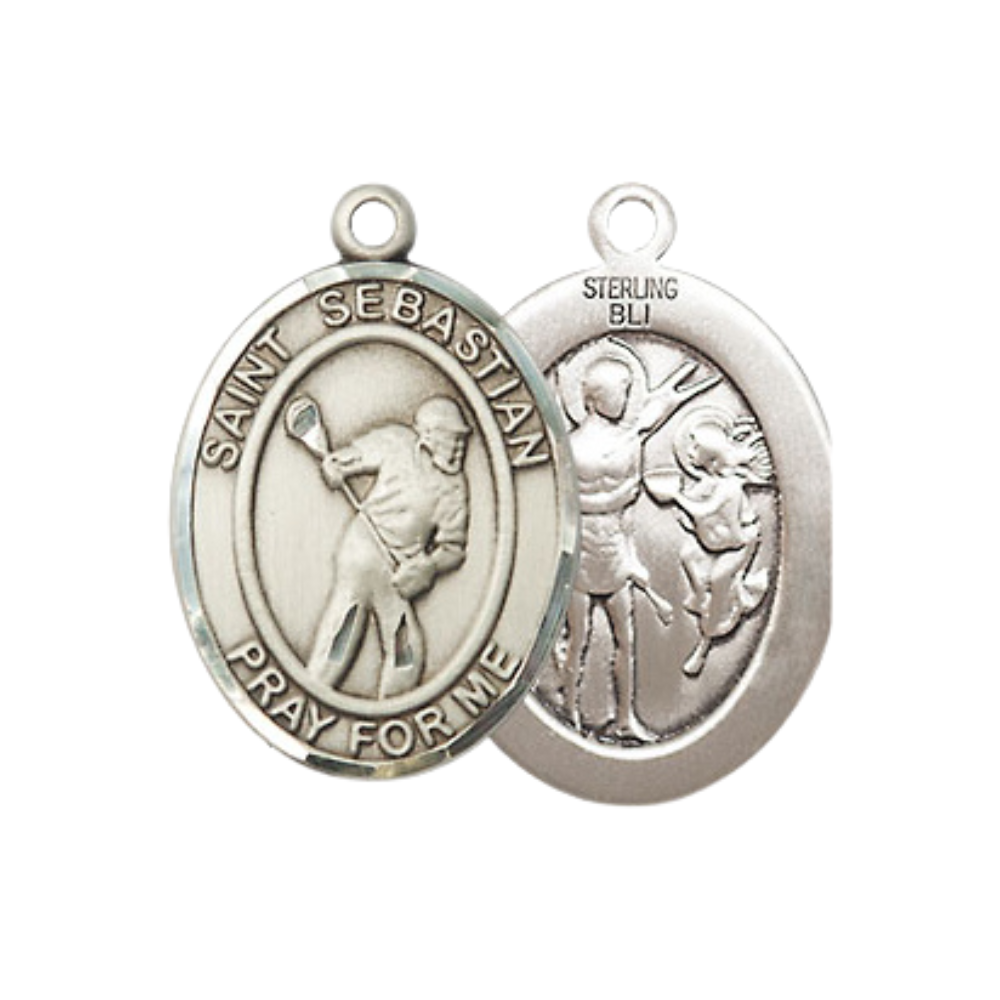 Everlasting Light Jewelry Medium Women's .925 Sterling Silver Saint St. Sebastian Lacrosse Pendant Necklace on 18- inch Rhodium- Plated Lite Curb Brass Chain, Catholic Medal – Velvet Gift Box Included
