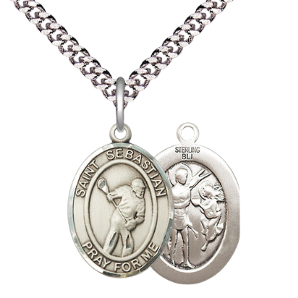 Mens Medium Oval Pewter Saint Sebastian Lacrosse Medal Pendant on 24" Rhodium Plated Heavy Curb Brass Chain w/ Lobster Claw Clasp, Catholic Religious Necklace -Made in USA-Velvet Gift Box