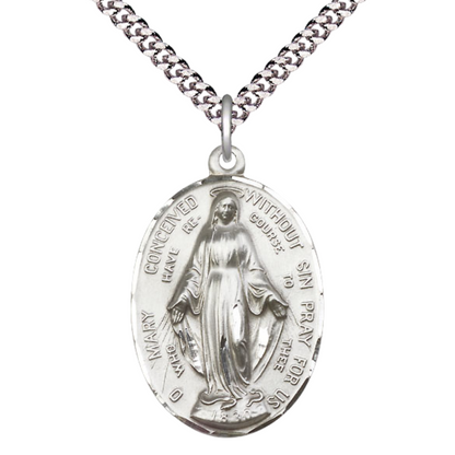 Men's .925 Sterling Silver Large Immaculate Conception Medal Pendant on 24 Inch Endless Rhodium Plated Heavy Curb Chain - Catholic Religious Necklace Made in USA, Deluxe Velvet Gift Box