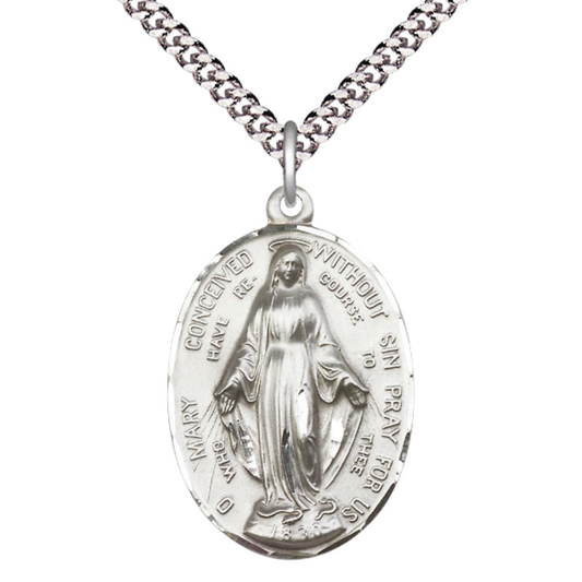 Men's .925 Sterling Silver Large Immaculate Conception Medal Pendant on 24 Inch Endless Rhodium Plated Heavy Curb Chain - Catholic Religious Necklace Made in USA, Deluxe Velvet Gift Box