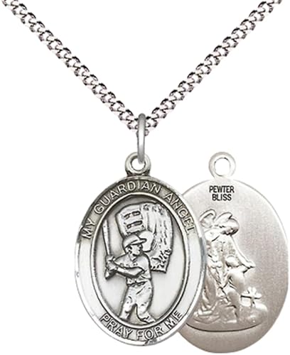 Everlasting Light Jewelry Medium Women's Pewter Guardian Angel Baseball Pendant Necklace on 18- inch Rhodium- Plated Lite Curb Brass Chain – 3/4- inch Medal with Lobster Claw Clasp, Catholic Medal – Velvet Gift Box Included