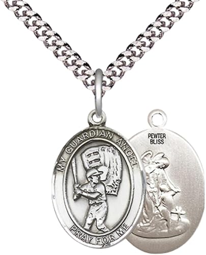 Everlasting Light Jewelry Medium Men's Pewter Guardian Angel Baseball Medal Pendant on 24 Inch Endless Rhodium Plated Heavy Curb Brass Chain, Catholic Religious Necklace - Made in USA- Deluxe Velvet Gift Box