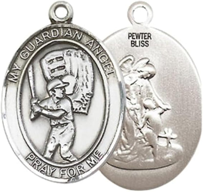 Everlasting Light Jewelry Medium Men's Pewter Guardian Angel Baseball Medal Pendant on 24 Inch Endless Rhodium Plated Heavy Curb Brass Chain, Catholic Religious Necklace - Made in USA- Deluxe Velvet Gift Box