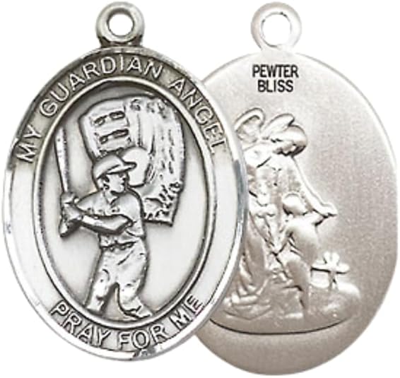 Everlasting Light Jewelry Medium Men's Pewter Guardian Angel Baseball Medal Pendant on 24 Inch Endless Rhodium Plated Heavy Curb Brass Chain, Catholic Religious Necklace - Made in USA- Deluxe Velvet Gift Box