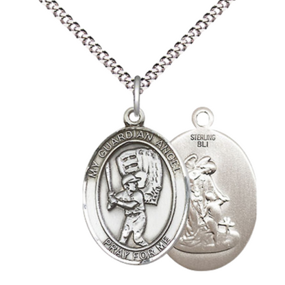 Everlasting Light Jewelry Medium Women's .925 Sterling Silver Guardian Angel Baseball Pendant Necklace on 18- inch Rhodium- Plated Lite Curb Brass Chain, Catholic Medal – Velvet Gift Box Included