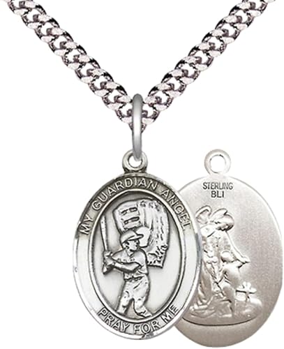 Everlasting Light Jewelry Medium Men's .925 Sterling Silver Guardian Angel Baseball Medal Pendant on 24 Inch Endless Rhodium Plated Heavy Curb Chain,Catholic Religious Necklace -Made in USA- Velvet Gift Box