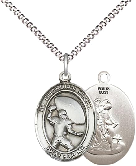 Everlasting Light Jewelry Medium Women's Pewter Guardian Angel Football Pendant Necklace on 18- inch Rhodium- Plated Lite Curb Brass Chain – 3/4- inch Medal with Lobster Claw Clasp, Catholic Medal – Velvet Gift Box Included
