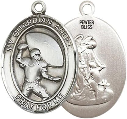 Everlasting Light Jewelry Medium Women's Pewter Guardian Angel Football Pendant Necklace on 18- inch Rhodium- Plated Lite Curb Brass Chain – 3/4- inch Medal with Lobster Claw Clasp, Catholic Medal – Velvet Gift Box Included