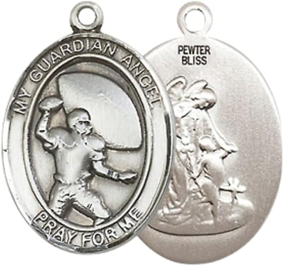 Everlasting Light Jewelry Medium Men's Pewter Guardian Angel Football Medal Pendant on 24 Inch Endless Rhodium Plated Heavy Curb Brass Chain,Catholic Religious Necklace -Made in USA- Deluxe Velvet Gift Box