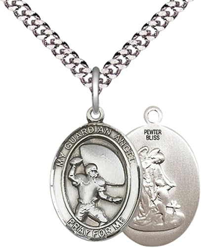 Everlasting Light Jewelry Medium Men's Pewter Guardian Angel Football Medal Pendant on 24 Inch Endless Rhodium Plated Heavy Curb Brass Chain,Catholic Religious Necklace -Made in USA- Deluxe Velvet Gift Box