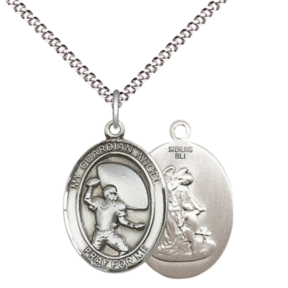 Everlasting Light Jewelry Medium Women's .925 Sterling Silver Guardian Angel Football Pendant Necklace on 18- inch Rhodium- Plated Lite Curb Brass Chain, Catholic Medal – Velvet Gift Box Included