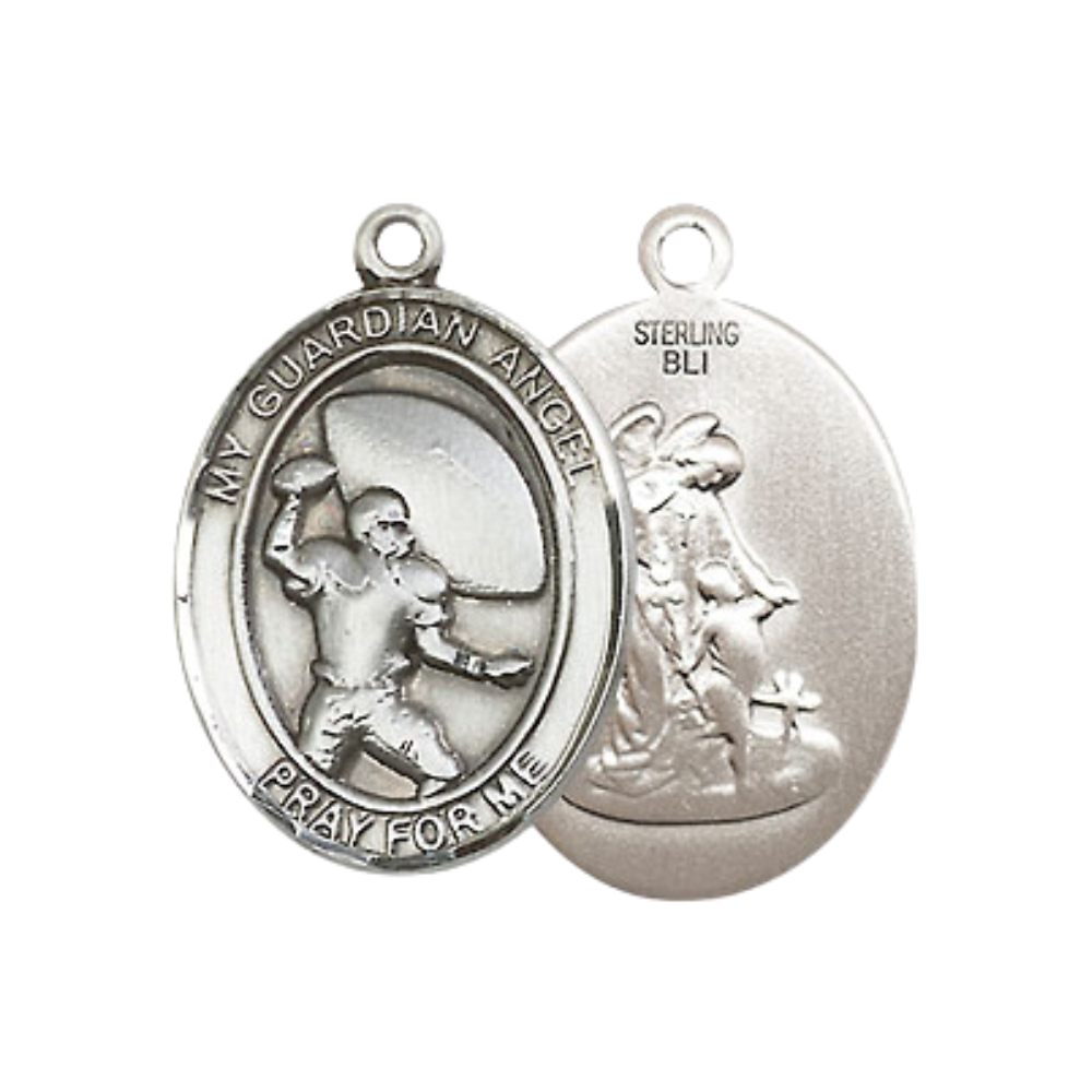 Everlasting Light Jewelry Medium Women's .925 Sterling Silver Guardian Angel Football Pendant Necklace on 18- inch Rhodium- Plated Lite Curb Brass Chain, Catholic Medal – Velvet Gift Box Included