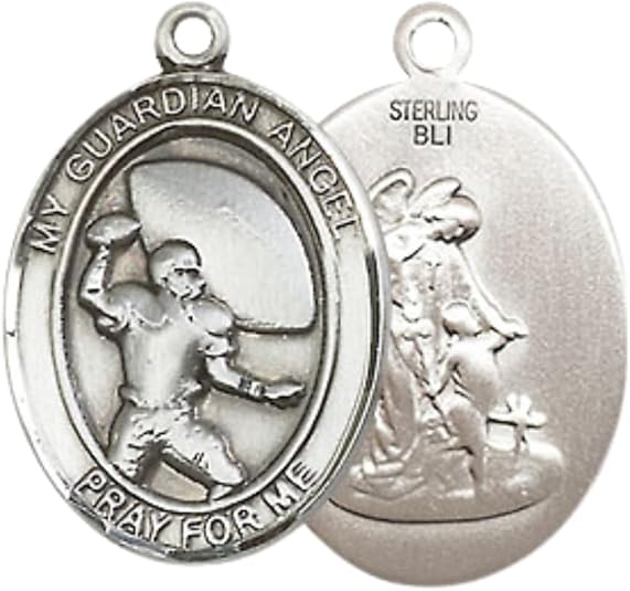 Everlasting Light Jewelry Medium Men's .925 Sterling Silver Guardian Angel Football Medal Pendant on 24 Inch Endless Rhodium Plated Heavy Curb Chain, Catholic Religious Necklace - Made in USA- Velvet Gift Box