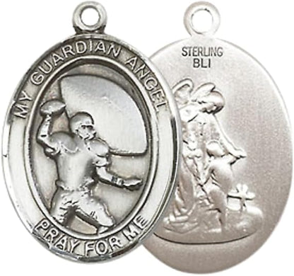 Everlasting Light Jewelry Medium Men's .925 Sterling Silver Guardian Angel Football Medal Pendant on 24 Inch Endless Rhodium Plated Heavy Curb Chain, Catholic Religious Necklace - Made in USA- Velvet Gift Box