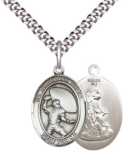 Mens Medium Oval Pewter Guardian Angel Football Medal Pendant on 24 Inch Rhodium Plated Heavy Curb Brass Chain w/ Lobster Claw Clasp, Catholic Religious Necklace - Made in USA- Velvet Gift Box