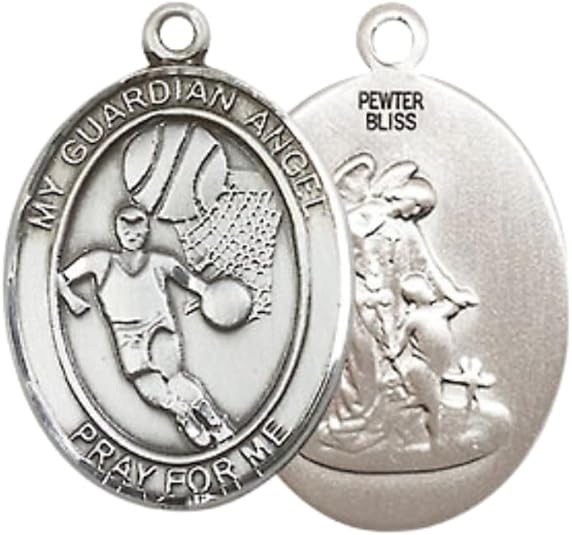 Everlasting Light Jewelry Medium Women's Pewter Guardian Angel Basketball Pendant Necklace on 18- inch Rhodium- Plated Lite Curb Brass Chain – 3/4- inch Medal with Lobster Claw Clasp, Catholic Medal – Velvet Gift Box Included