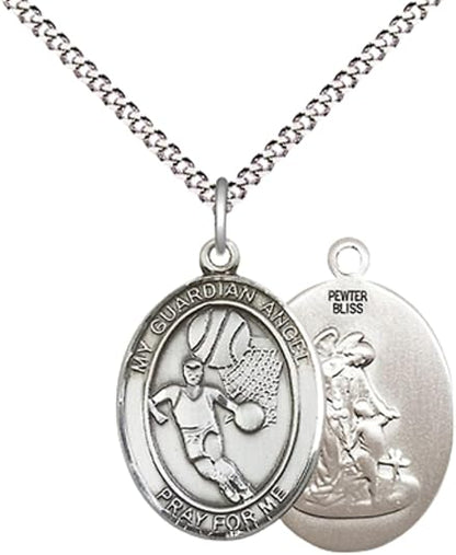 Everlasting Light Jewelry Medium Women's Pewter Guardian Angel Basketball Pendant Necklace on 18- inch Rhodium- Plated Lite Curb Brass Chain – 3/4- inch Medal with Lobster Claw Clasp, Catholic Medal – Velvet Gift Box Included