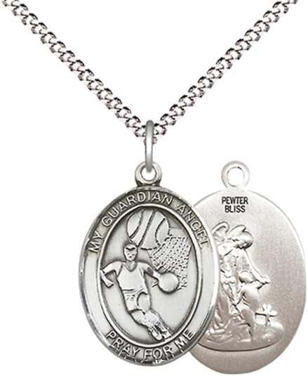 Everlasting Light Jewelry Medium Women's Pewter Guardian Angel Basketball Pendant Necklace on 18- inch Rhodium- Plated Lite Curb Brass Chain – 3/4- inch Medal with Lobster Claw Clasp, Catholic Medal – Velvet Gift Box Included