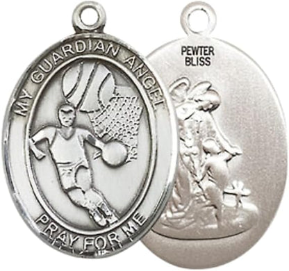Medium Men's Pewter Guardian Angel Basketball Medal Pendant on 24 Inch Endless Rhodium Plated Heavy Curb Brass Chain, Catholic Religious Necklace - Made in USA- Deluxe Velvet Gift Box