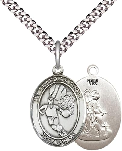 Medium Men's Pewter Guardian Angel Basketball Medal Pendant on 24 Inch Endless Rhodium Plated Heavy Curb Brass Chain, Catholic Religious Necklace - Made in USA- Deluxe Velvet Gift Box