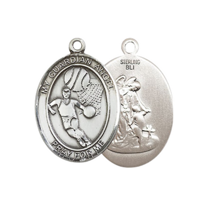 Everlasting Light Jewelry Medium Women's .925 Sterling Silver Guardian Angel Basketball Pendant Necklace on 18- inch Rhodium- Plated Lite Curb Brass Chain, Catholic Medal – Velvet Gift Box Included