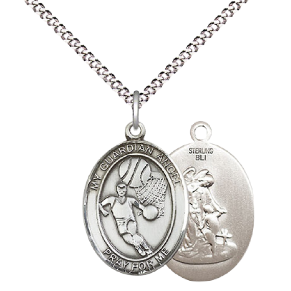 Everlasting Light Jewelry Medium Women's .925 Sterling Silver Guardian Angel Basketball Pendant Necklace on 18- inch Rhodium- Plated Lite Curb Brass Chain, Catholic Medal – Velvet Gift Box Included