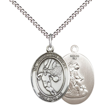 Everlasting Light Jewelry Medium Women's .925 Sterling Silver Guardian Angel Basketball Pendant Necklace on 18- inch Rhodium- Plated Lite Curb Brass Chain, Catholic Medal – Velvet Gift Box Included