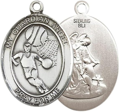 Mens Medium Oval Pewter Guardian Angel Basketball Medal Pendant on 24 Inch Rhodium Plated Heavy Curb Brass Chain w/ Lobster Claw Clasp, Catholic Religious Necklace - Made in USA- Velvet Gift Box