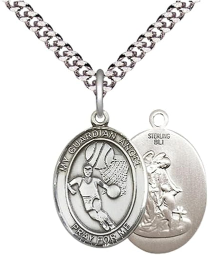 Medium Men's .925 Sterling Silver Guardian Angel Basketball Medal Pendant on 24 Inch Endless Rhodium Plated Heavy Curb Chain,Catholic Religious Necklace -Made in USA- Velvet Gift Box