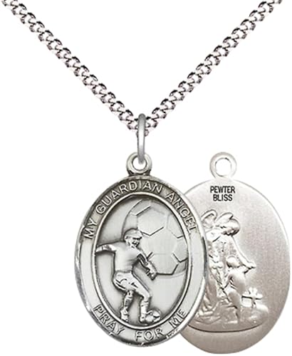 Everlasting Light Jewelry Medium Women's Pewter Guardian Angel Soccer Pendant Necklace on 18- inch Rhodium- Plated Lite Curb Brass Chain – 3/4- inch Medal with Lobster Claw Clasp, Catholic Medal – Velvet Gift Box Included