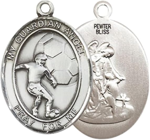 Everlasting Light Jewelry Medium Women's Pewter Guardian Angel Soccer Pendant Necklace on 18- inch Rhodium- Plated Lite Curb Brass Chain – 3/4- inch Medal with Lobster Claw Clasp, Catholic Medal – Velvet Gift Box Included