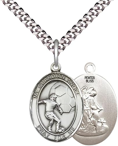 Everlasting Light Jewelry Medium Men's Pewter Guardian Angel Soccer Medal Pendant on 24 Inch Endless Rhodium Plated Heavy Curb Chain, Catholic Religious Necklace - Made in USA- Velvet Gift Box