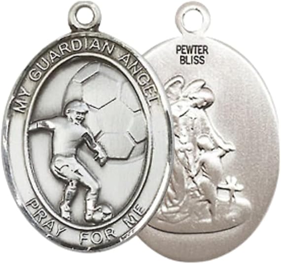 Everlasting Light Jewelry Medium Men's Pewter Guardian Angel Soccer Medal Pendant on 24 Inch Endless Rhodium Plated Heavy Curb Chain, Catholic Religious Necklace - Made in USA- Velvet Gift Box