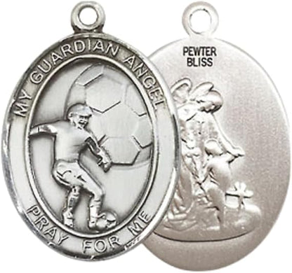 Everlasting Light Jewelry Medium Men's Pewter Guardian Angel Soccer Medal Pendant on 24 Inch Endless Rhodium Plated Heavy Curb Chain, Catholic Religious Necklace - Made in USA- Velvet Gift Box