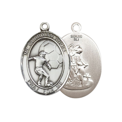 Everlasting Light Jewelry Medium Women's .925 Sterling Silver Guardian Angel Soccer Pendant Necklace on 18- inch Rhodium- Plated Lite Curb Brass Chain, Catholic Medal – Velvet Gift Box Included