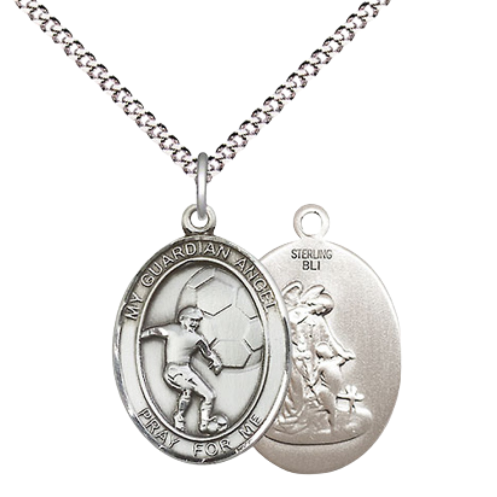 Everlasting Light Jewelry Medium Women's .925 Sterling Silver Guardian Angel Soccer Pendant Necklace on 18- inch Rhodium- Plated Lite Curb Brass Chain, Catholic Medal – Velvet Gift Box Included