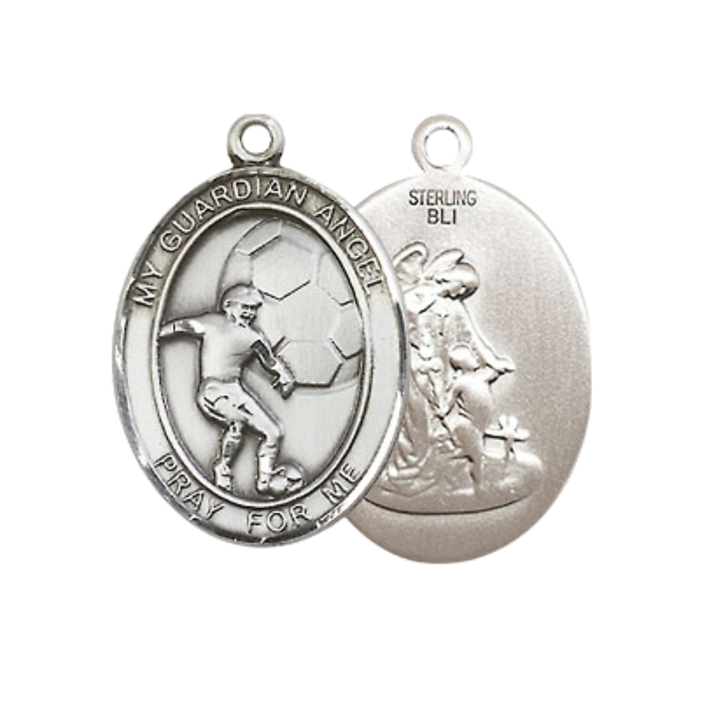 Mens Medium Oval Pewter Guardian Angel Soccer Medal Pendant on 24 Inch Rhodium Plated Heavy Curb Brass Chain w/ Lobster Claw Clasp, Catholic Religious Necklace - Made in USA- Velvet Gift Box