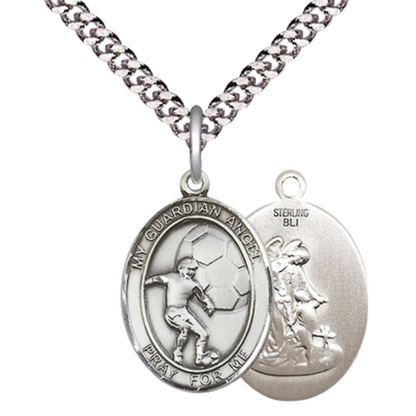 Mens Medium Oval Pewter Guardian Angel Soccer Medal Pendant on 24 Inch Rhodium Plated Heavy Curb Brass Chain w/ Lobster Claw Clasp, Catholic Religious Necklace - Made in USA- Velvet Gift Box