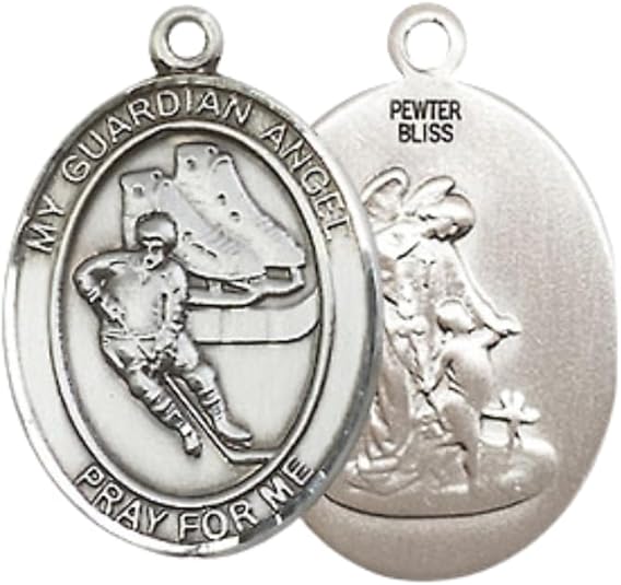 Everlasting Light Jewelry Medium Women's Pewter Guardian Angel Hockey Pendant Necklace on 18- inch Rhodium- Plated Lite Curb Brass Chain – 3/4- inch Medal with Lobster Claw Clasp, Catholic Medal – Velvet Gift Box Included