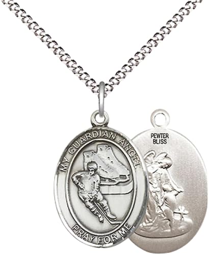 Everlasting Light Jewelry Medium Women's Pewter Guardian Angel Hockey Pendant Necklace on 18- inch Rhodium- Plated Lite Curb Brass Chain – 3/4- inch Medal with Lobster Claw Clasp, Catholic Medal – Velvet Gift Box Included