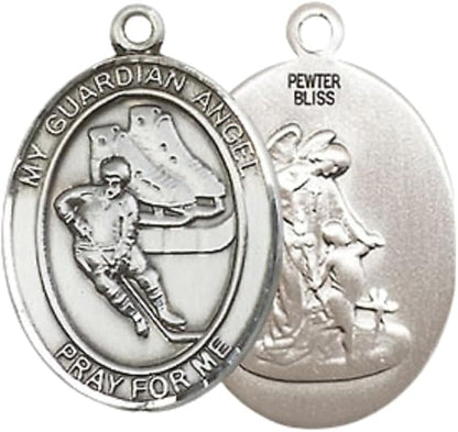 Everlasting Light Jewelry Medium Men's Pewter Guardian Angel Hockey Medal Pendant on 24 Inch Endless Rhodium Plated Heavy Curb Brass Chain, Catholic Religious Necklace - Made in USA- Deluxe Velvet Gift Box