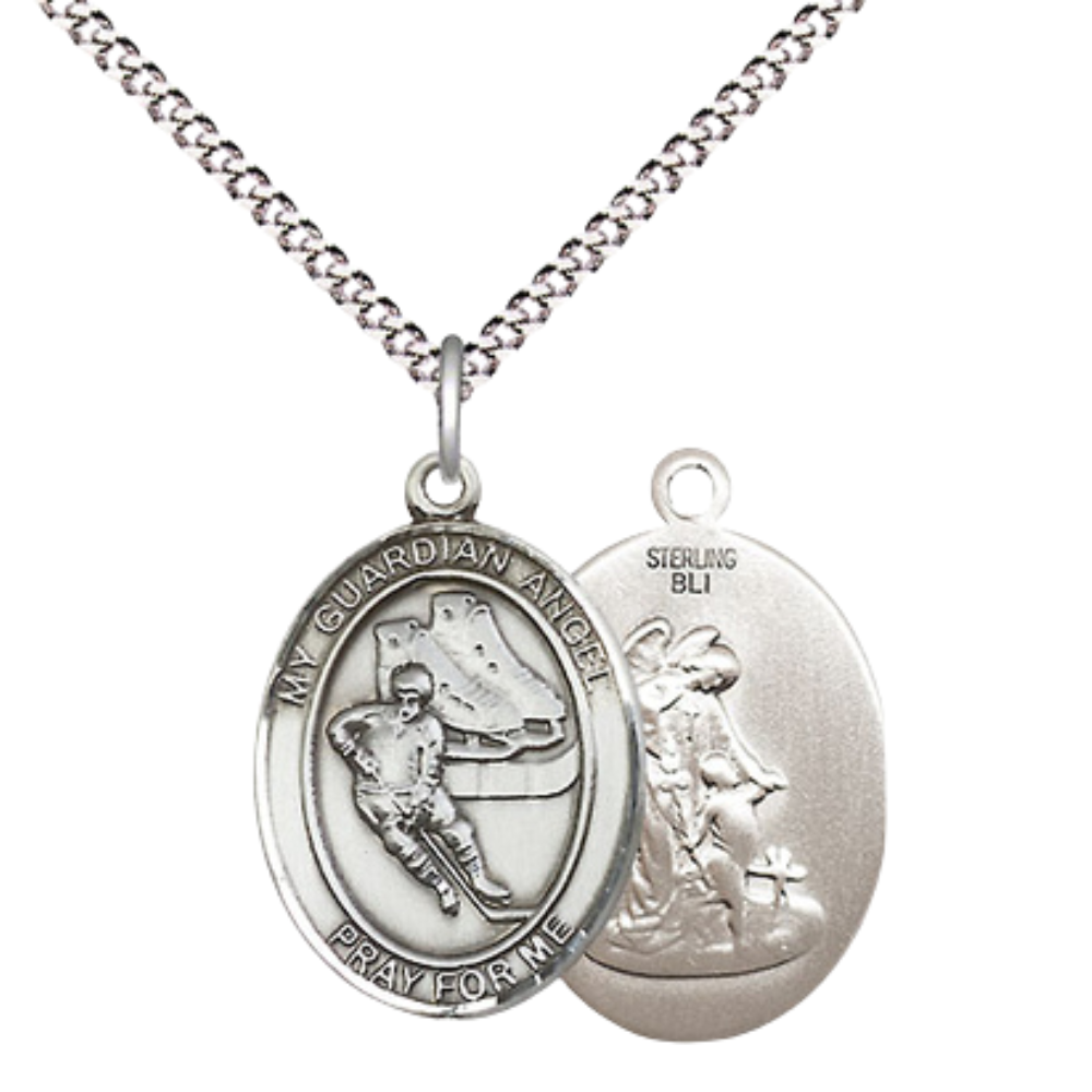 Everlasting Light Jewelry Medium Women's .925 Sterling Silver Guardian Angel Hockey Pendant Necklace on 18- inch Rhodium- Plated Lite Curb Brass Chain, Catholic Medal – Velvet Gift Box Included
