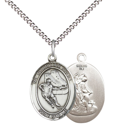 Everlasting Light Jewelry Medium Women's .925 Sterling Silver Guardian Angel Hockey Pendant Necklace on 18- inch Rhodium- Plated Lite Curb Brass Chain, Catholic Medal – Velvet Gift Box Included