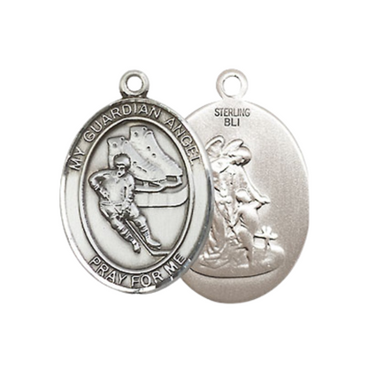 Everlasting Light Jewelry Medium Women's .925 Sterling Silver Guardian Angel Hockey Pendant Necklace on 18- inch Rhodium- Plated Lite Curb Brass Chain, Catholic Medal – Velvet Gift Box Included