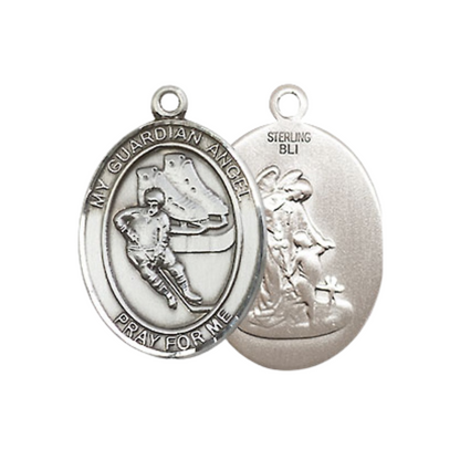 Medium Men's .925 Sterling Silver Guardian Angel Hockey Medal Pendant on 24 Inch Endless Rhodium Plated Heavy Curb Brass Chain, Catholic Religious Necklace - Made in USA- Deluxe Velvet Gift Box