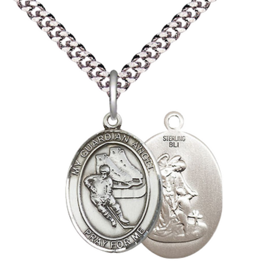 Medium Men's .925 Sterling Silver Guardian Angel Hockey Medal Pendant on 24 Inch Endless Rhodium Plated Heavy Curb Brass Chain, Catholic Religious Necklace - Made in USA- Deluxe Velvet Gift Box